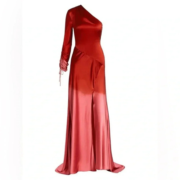 Alejandra Alonso Rojas Dip-Dye Silk One-Shoulder Asymmetrical Gown with/ Train - Picture 2 of 16